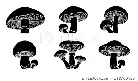 Black Solid Mushroom Silhouettes from a Low Angle Perspective Black Solid Mushroom Silhouettes from a Low Angle Perspective 138760439