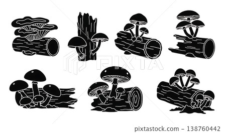 Black Solid Forest Mushrooms on a Log Silhouettes Set of Six Black Solid Forest Mushrooms on a Log Silhouettes Set of Six 138760442