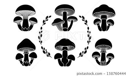 Black Solid Mycological Mushroom Wreath and Frame Silhouettes Black Solid Mycological Mushroom Wreath and Frame Silhouettes 138760444