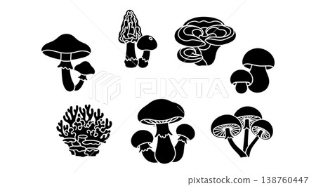Black Solid Mycological Mushroom Wreath and Frame Silhouettes 138760447