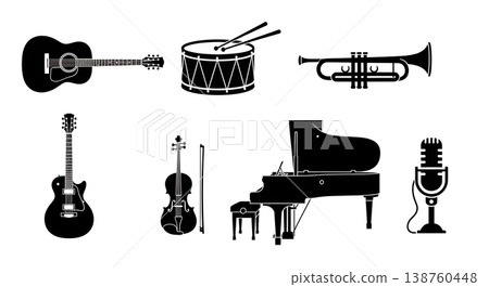 Black Solid Musical Instruments Silhouettes Set of Six on White Background Black Solid Musical Instruments Silhouettes Set of Six on White Background 138760448
