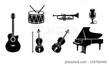 Black Solid Musical Instruments Silhouettes Set of Six on White Background Black Solid Musical Instruments Silhouettes Set of Six on White Background 138760449