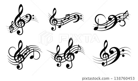 Black Solid Musical Notation Silhouettes Set of Six on White Background Black Solid Musical Notation Silhouettes Set of Six on White Background 138760453