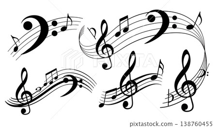 Black Solid Musical Notation Silhouettes Set of Six on White Background Black Solid Musical Notation Silhouettes Set of Six on White Background 138760455