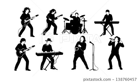 Black Solid Musical Performers Silhouettes Set of Six on White Background Black Solid Musical Performers Silhouettes Set of Six on White Background 138760457