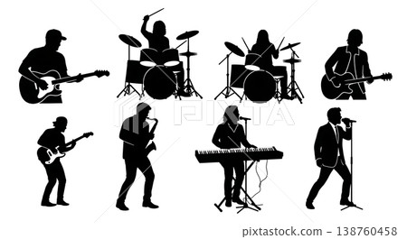 Black Solid Musical Performers Silhouettes Set of Six on White Background 138760458