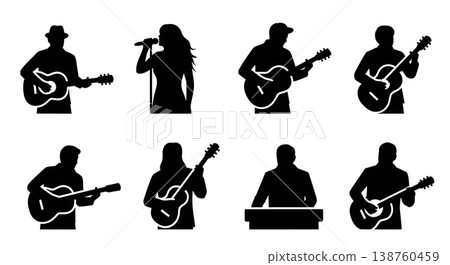 Black Solid Musical Performers Silhouettes Set of Six on White Background 138760459