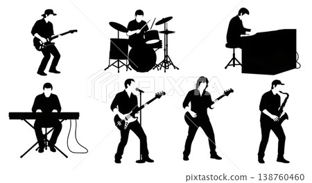 Black Solid Music Performance Silhouettes Set of Six on White Background 138760460