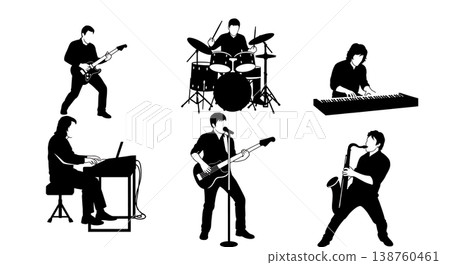 Black Solid Music Performance Silhouettes Set of Six on White Background 138760461