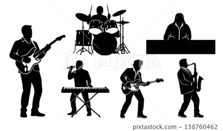 Black Solid Music Performance Silhouettes Set of Six on White Background Black Solid Music Performance Silhouettes Set of Six on White Background 138760462