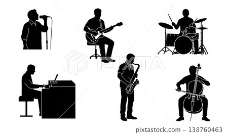 Black Solid Music Performance Silhouettes Set of Six on White Background Black Solid Music Performance Silhouettes Set of Six on White Background 138760463