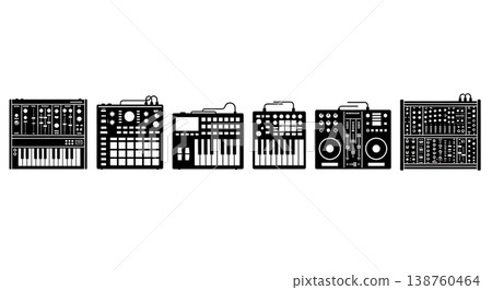 Black Solid Electronic Music Gear Silhouettes Set of Six on White Background Black Solid Electronic Music Gear Silhouettes Set of Six on White Background 138760464