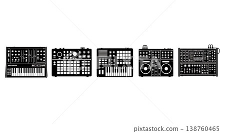 Black Solid Electronic Music Gear Silhouettes Set of Six on White Background Black Solid Electronic Music Gear Silhouettes Set of Six on White Background 138760465