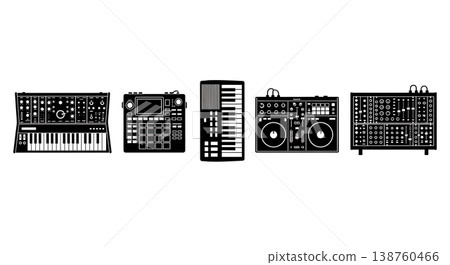 Black Solid Electronic Music Gear Silhouettes Set of Six on White Background 138760466