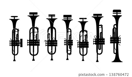 Black Solid Muted Trumpet Silhouettes Set of Six on White Background 138760472