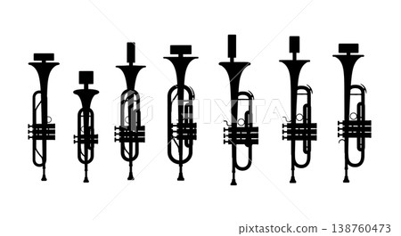 Black Solid Muted Trumpet Silhouettes Set of Six on White Background 138760473