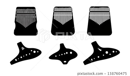 Black Solid Ocarina and Kalimba Set of Six on White Background Black Solid Ocarina and Kalimba Set of Six on White Background 138760475
