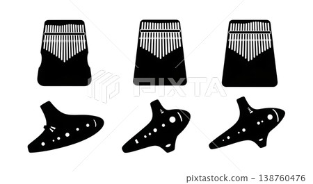 Black Solid Ocarina and Kalimba Set of Six on White Background Black Solid Ocarina and Kalimba Set of Six on White Background 138760476