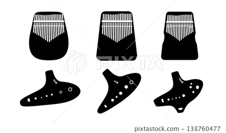 Black Solid Ocarina and Kalimba Set of Six on White Background 138760477