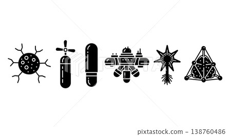 Black Solid Nanobot Drug Delivery Silhouettes Set of Six on White Background Black Solid Nanobot Drug Delivery Silhouettes Set of Six on White Background 138760486
