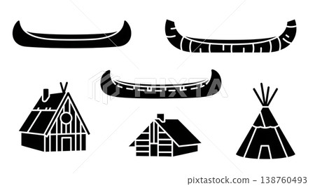 Black Solid Traditional Native American Canoes and Longhouses Silhouettes Set of Six on White Background 138760493
