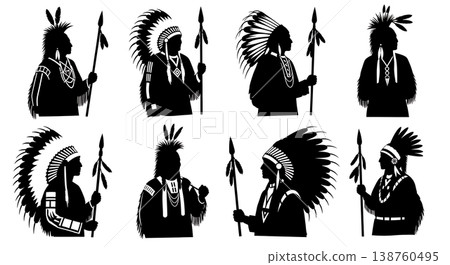 Black Solid Native American Silhouettes Set of Six on White Background Black Solid Native American Silhouettes Set of Six on White Background 138760495