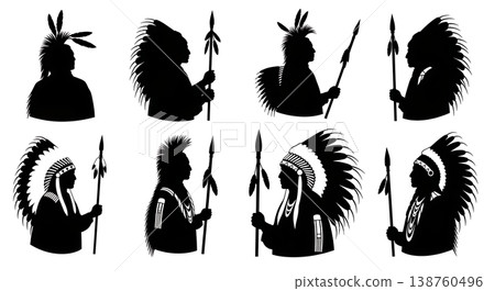 Black Solid Native American Silhouettes Set of Six on White Background 138760496