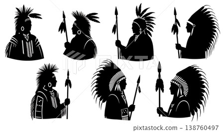 Black Solid Native American Silhouettes Set of Six on White Background 138760497