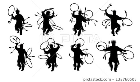 Black Solid Native American Hoop Dance Silhouettes Set of Six on White Background Black Solid Native American Hoop Dance Silhouettes Set of Six on White Background 138760505
