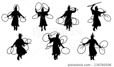 Black Solid Native American Hoop Dance Silhouettes Set of Six on White Background Black Solid Native American Hoop Dance Silhouettes Set of Six on White Background 138760506