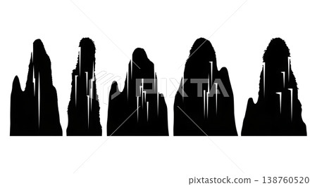 Black Solid Karst Tower Mountain Silhouettes Set of Six on White Background Black Solid Karst Tower Mountain Silhouettes Set of Six on White Background 138760520