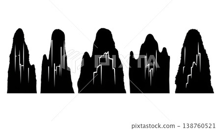 Black Solid Karst Tower Mountain Silhouettes Set of Six on White Background Black Solid Karst Tower Mountain Silhouettes Set of Six on White Background 138760521
