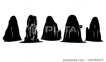 Black Solid Karst Tower River Silhouettes Set of Six on White Background 138760527