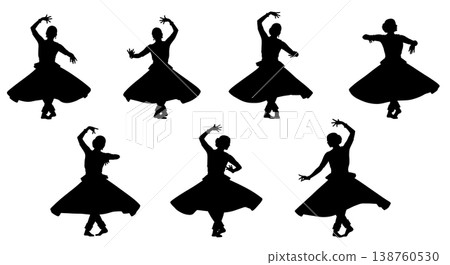 Black Solid Kathak Dancer Silhouettes Set of Six on White Background Black Solid Kathak Dancer Silhouettes Set of Six on White Background 138760530