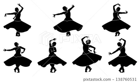 Black Solid Kathak Dancer Silhouettes Set of Six on White Background Black Solid Kathak Dancer Silhouettes Set of Six on White Background 138760531