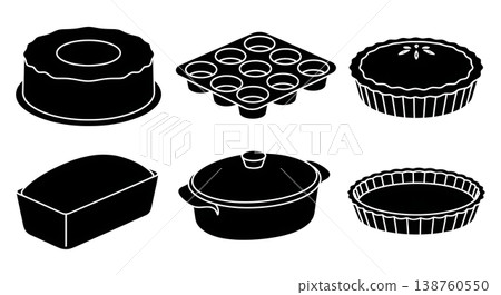 Black Solid Kitchen Baking Dishes Silhouettes Set of Six on White Background Black Solid Kitchen Baking Dishes Silhouettes Set of Six on White Background 138760550
