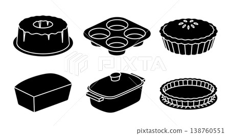 Black Solid Kitchen Baking Dishes Silhouettes Set of Six on White Background Black Solid Kitchen Baking Dishes Silhouettes Set of Six on White Background 138760551