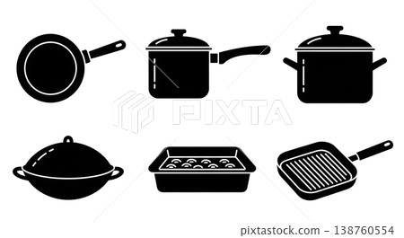 Black Solid Kitchen Cookware Silhouettes Set of Six on White Background Black Solid Kitchen Cookware Silhouettes Set of Six on White Background 138760554