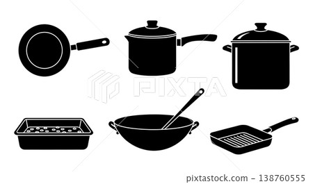 Black Solid Kitchen Cookware Silhouettes Set of Six on White Background Black Solid Kitchen Cookware Silhouettes Set of Six on White Background 138760555