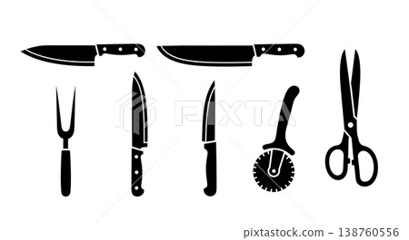 Black Solid Kitchen Cutting Tools Silhouettes Set of Six on White Background Black Solid Kitchen Cutting Tools Silhouettes Set of Six on White Background 138760556