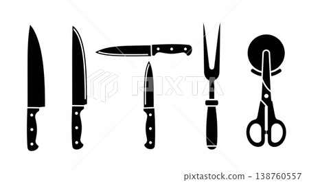 Black Solid Kitchen Cutting Tools Silhouettes Set of Six on White Background Black Solid Kitchen Cutting Tools Silhouettes Set of Six on White Background 138760557