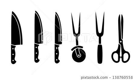 Black Solid Kitchen Cutting Tools Silhouettes Set of Six on White Background Black Solid Kitchen Cutting Tools Silhouettes Set of Six on White Background 138760558