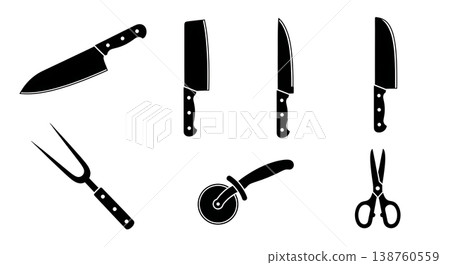 Black Solid Kitchen Cutting Tools Silhouettes Set of Six on White Background Black Solid Kitchen Cutting Tools Silhouettes Set of Six on White Background 138760559