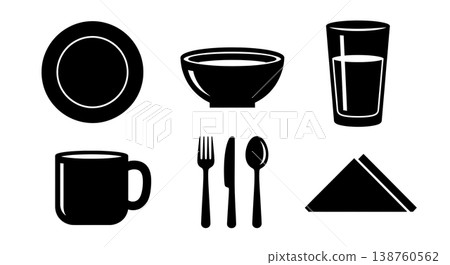 Black Solid Kitchen Dining Items Silhouettes Set of Six on White Background Black Solid Kitchen Dining Items Silhouettes Set of Six on White Background 138760562
