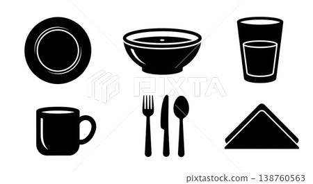 Black Solid Kitchen Dining Items Silhouettes Set of Six on White Background Black Solid Kitchen Dining Items Silhouettes Set of Six on White Background 138760563