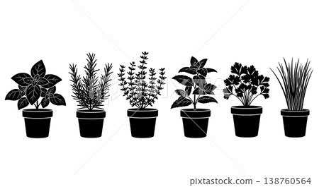 Black Solid Potted Herb Silhouettes Set of Six on White Background 138760564