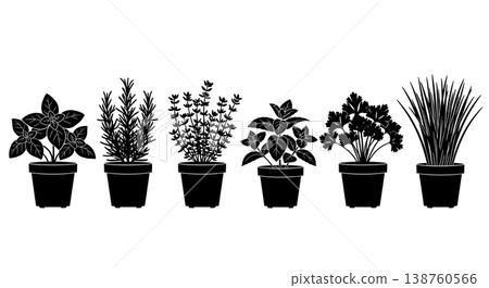 Black Solid Potted Herb Silhouettes Set of Six on White Background Black Solid Potted Herb Silhouettes Set of Six on White Background 138760566