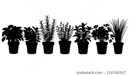 Black Solid Potted Herb Silhouettes Set of Six on White Background Black Solid Potted Herb Silhouettes Set of Six on White Background 138760567