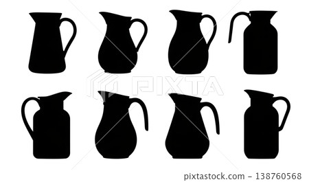 Black Solid Kitchen Jug Silhouettes Set of Six on White Background Black Solid Kitchen Jug Silhouettes Set of Six on White Background 138760568