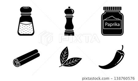 Black Solid Kitchen Spices Silhouettes Set of Six on White Background 138760576